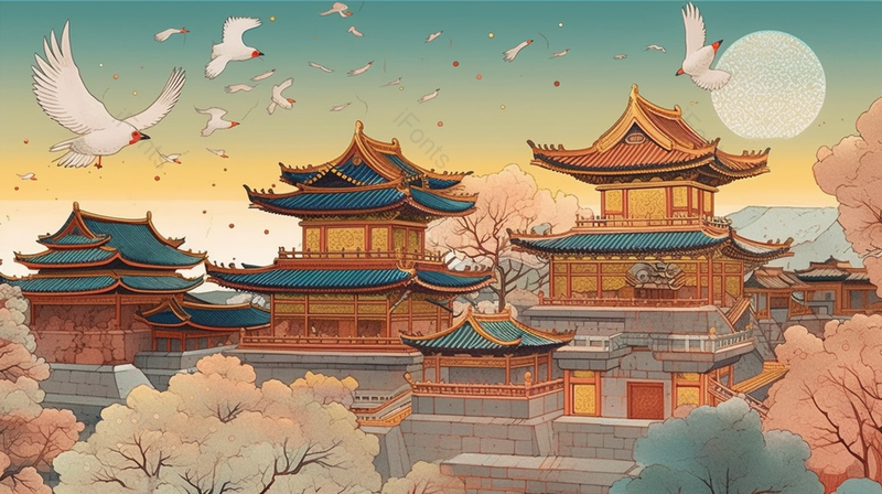 高台楼亭著名景点中国风绘画插画图背景图,插画/手绘图,插画/手绘图库,插画/手绘图下载,插画/手绘